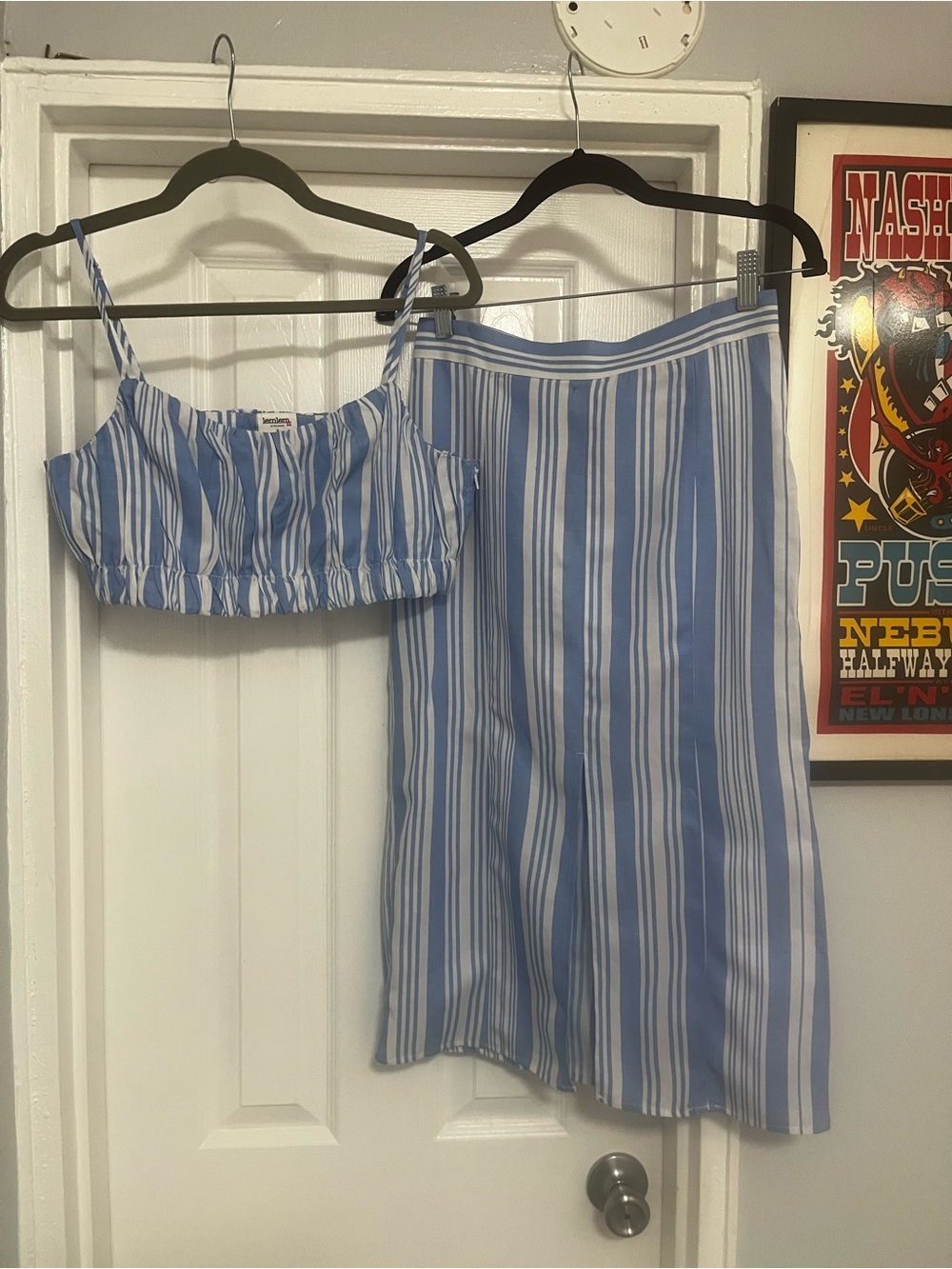 LEMLEM - H&M NWOT Blue Crop Top  & White Striped Midi Skirt With Front Slit
